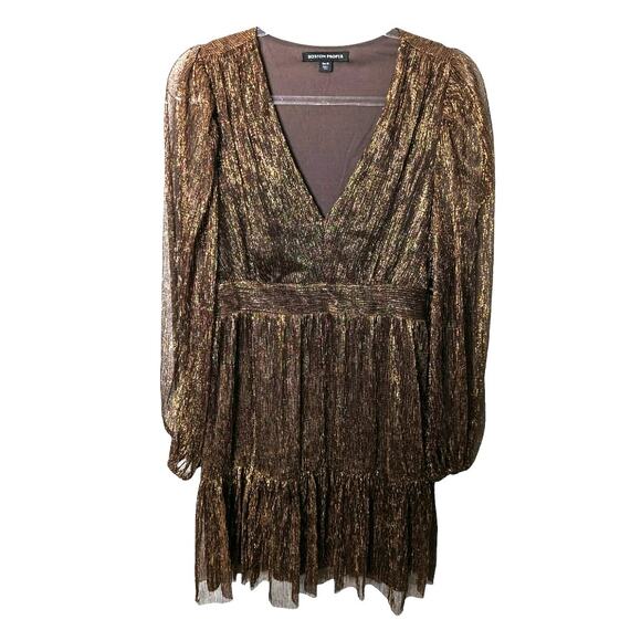 Boston Proper Bronze Metallic Pleated Above the Knee Dress NWT Size 12 - Picture 1 of 9
